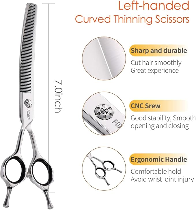 Left Handed Curved Thinning Shears 7 in Professional Left Pet Grooming Scissors for Groomer