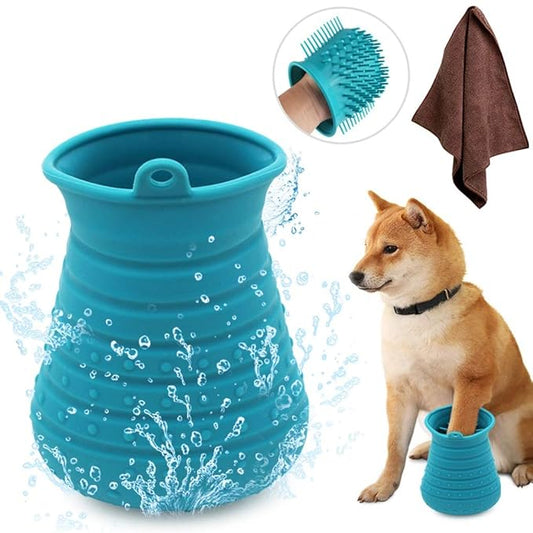 Idepet Dog Paw Cleaner Cup with Towel Pet Foot Washer Protable Dog Cleaning Brush for Puppy Cats Massage Grooming Dirty Claws(Blue)
