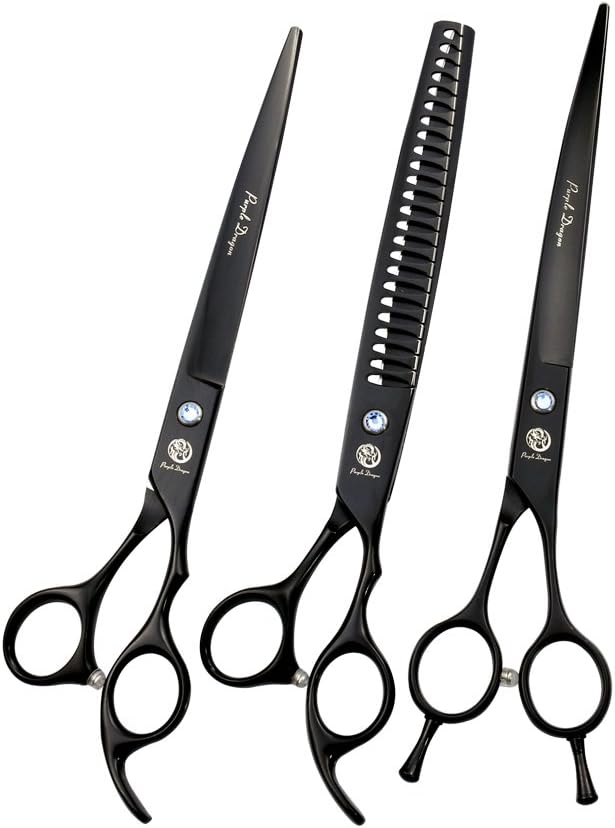 Purple Dragon 8.0 inch Professional Dog Grooming Hair Cutting Scissor &Curved Scissor&Chunker Shear Kit with Bag - for Pet Groomer or Family DIY Pet Use