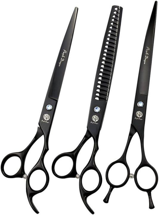 Purple Dragon 8.0 inch Professional Dog Grooming Hair Cutting Scissor &Curved Scissor&Chunker Shear Kit with Bag - for Pet Groomer or Family DIY Pet Use