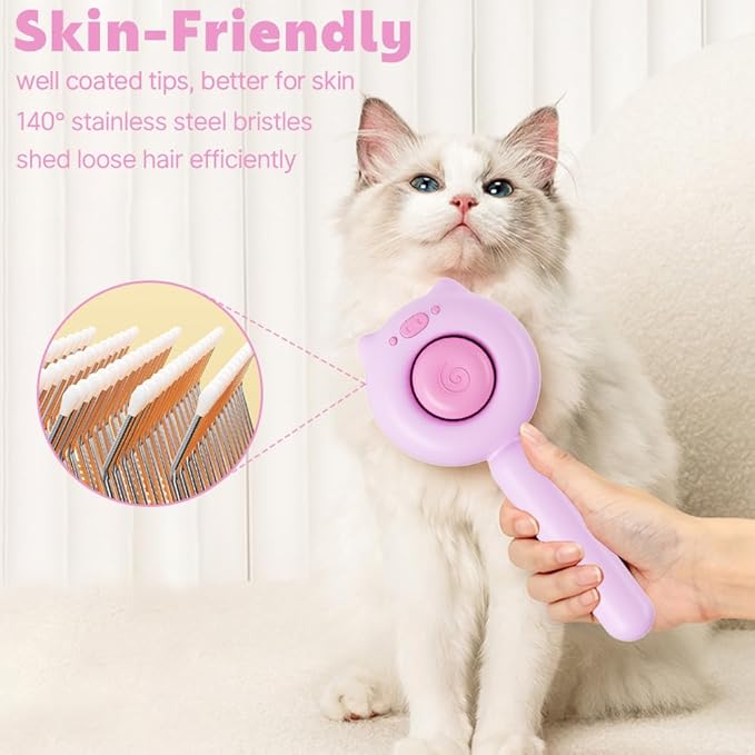Piggy-Pink Hair Brush, Self Cleaning, Pet Grooming Brush for Shedding, Suitable for Short and Long Haired Cats Dogs and Other Fur Babies, Ergonomic Handle, Ideal Size (5.5 inches)