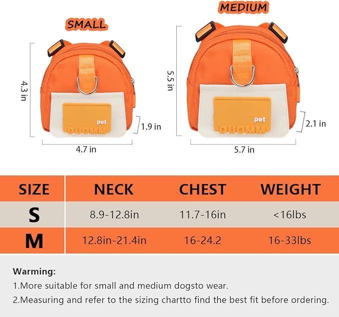 Dog Backpack Harness with Leash,Cute Pet Puppy Backpacks Bulid-in Dog Poop Bag Dispenser,Adjustable Pets Self Carrier Bag for Small Medium Dogs Travel Hiking Daily Walking(M, Orange)