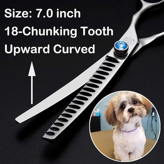 Professional 7.0" Dog Grooming Chunkers Scissors, Upward Curved Pets Grooming Thinning/Blending Shears - Japan 440C Stainless Steel for Pet Groomers or Family DIY Use 18 Teeth