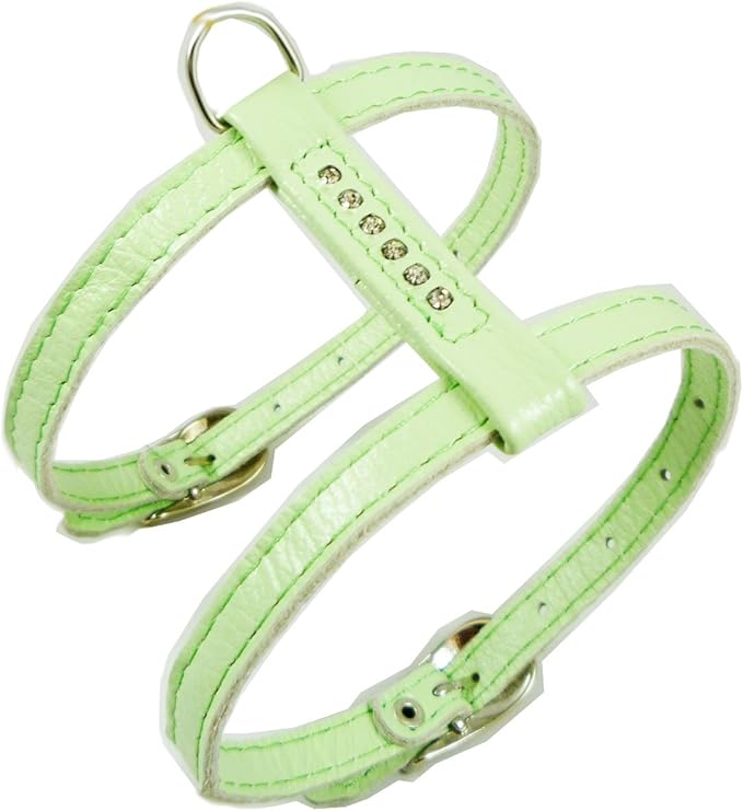 Genuine Leather Dog Harness for Toy Breeds X-Small. 10"-13" Chest Circumference Rhinestones (Green)