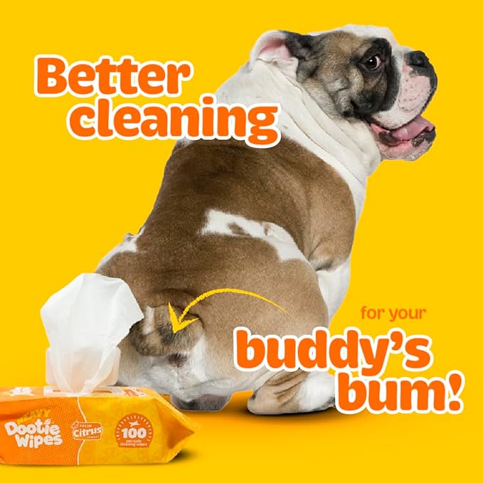 HEAVY Dootie Wipes - Convenient Durable Dog Wipes for Paws, Butt with Very Mild Pleasant Citrus Scent, 100 Count - Puppy Essentials Pet wipes, Dog Wipes Cleaning and Deodorizing. Made with Bamboo.