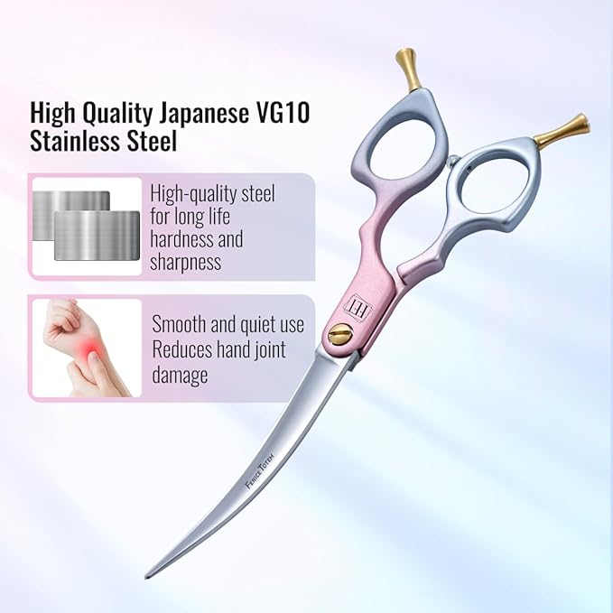 Fenice Dog Grooming Curved Scissors: 6.5" Pet Self-sharpening Split Finishing Shears for Dogs' Faces and Eyes Lightweight Ideal for Tight Spaces and Detailed Grooming Japan VG10 Alloy Steel 63HRC