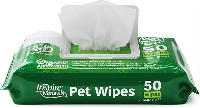 Inspire Naturals Pet Wipes for Dogs and Cats 100% Natural Plant Based with Organic Antioxidants, Dog Wipe Cleaning Deodorizing | Puppy Wipes | Dog Wipes for Paws and Butt (400ct - 8 Pack)