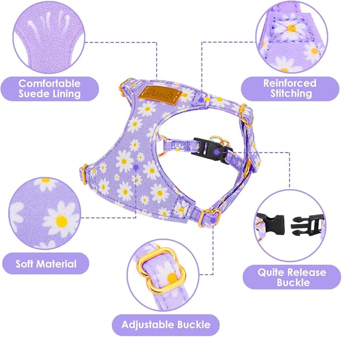 SlowTon No Pull Dog Harness with Leash - Soft Lightweight Floral Pattern Puppy Harness, Adjustable Pet Harness for Small Medium Dogs Doggie (Purple M)