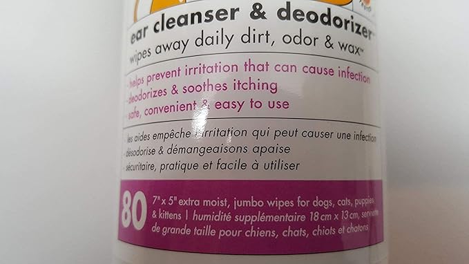 Petkin Jumbo Pet Ear Wipes, 80 Extra Moist Wipes - Soothing & Deodorizing Pet Ear Cleaner to Remove Dirt, Odor, & Wax - Safe, Convenient, & Easy to Use Pet Wipes for Dogs, Cats, Puppies & Kittens