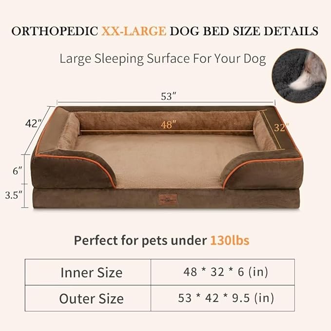 XXL Orthopedic Dog Bed for Extra Large Dogs, Washable Dog Sofa Bed, Waterproof Orthopedic Foam Dog Beds with Removable Cover & Non-Slip Bottom(XX-Large,Brown)