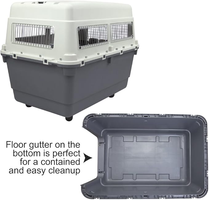 SportPet Designs Plastic Kennels Rolling Plastic Airline Approved Wire Door Travel Dog Crate, XXX-Large, Gray