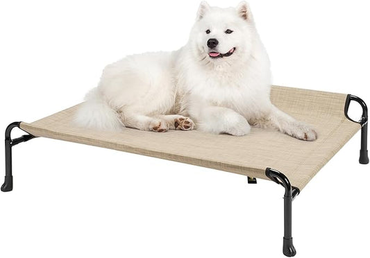 Veehoo Elevated Dog Bed, Cooling Raised Dog Bed with Guardrail & Headrest, Upgraded Non-Slip Silicon Feet, Breathable Teslin Mesh, Portable Pet Cot for Indoor and Outdoor, 35 x 22 Inches, Beige Coffee