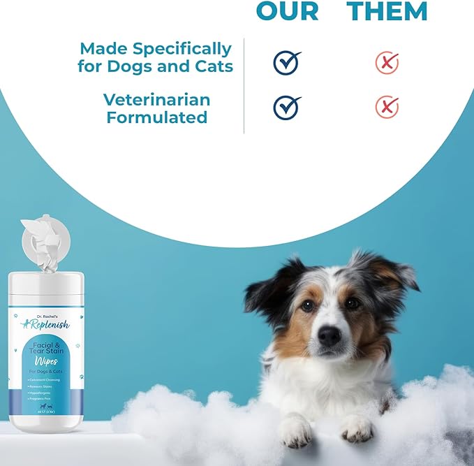 Replenish Facial and Tear Stain Remover Wipes for Dogs and Cats - Dog Wipes for Face - Gentle Cleaning Pet Eye Wipes for Cats - Dog Eye Wipes Tear Stain Remover Eye Discharge, and Crust - 60 Count