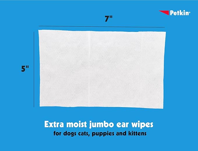 Petkin Jumbo Pet Ear Wipes, 80 Extra Moist Wipes - Soothing & Deodorizing Pet Ear Cleaner to Remove Dirt, Odor, & Wax - Safe, Convenient, & Easy to Use Pet Wipes for Dogs, Cats, Puppies & Kittens