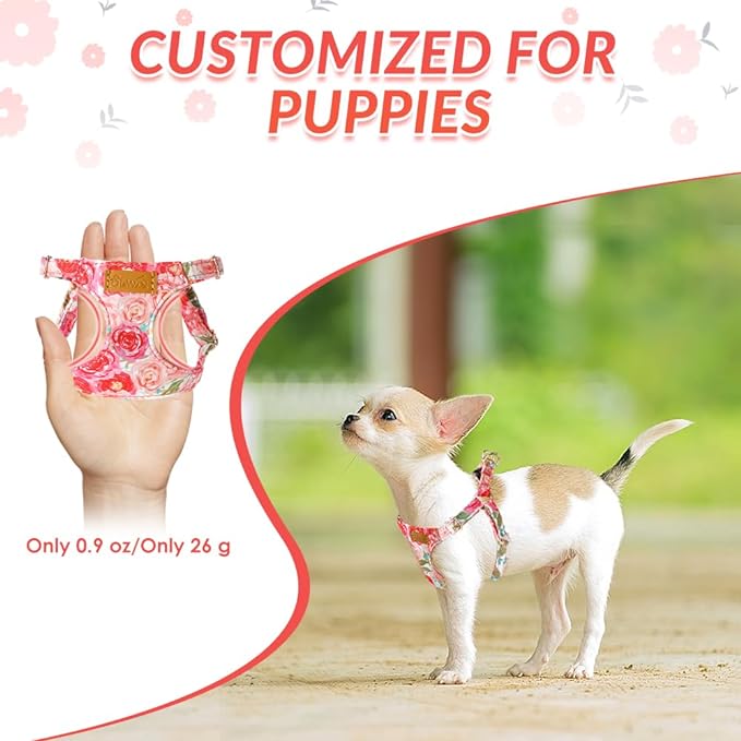 SlowTon No Pull Dog Harness with Leash - Soft Lightweight Floral Pattern Puppy Harness, Adjustable Pet Harness for Small Medium Dogs (Pink Rose M)