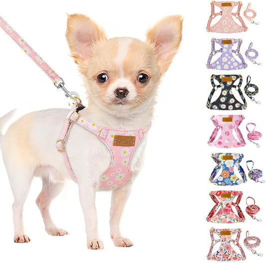 SlowTon No Pull Dog Harness with Leash - Soft Lightweight Floral Pattern Puppy Harness, Adjustable Pet Harness for Small Medium Dogs (Pink Daisy XS)