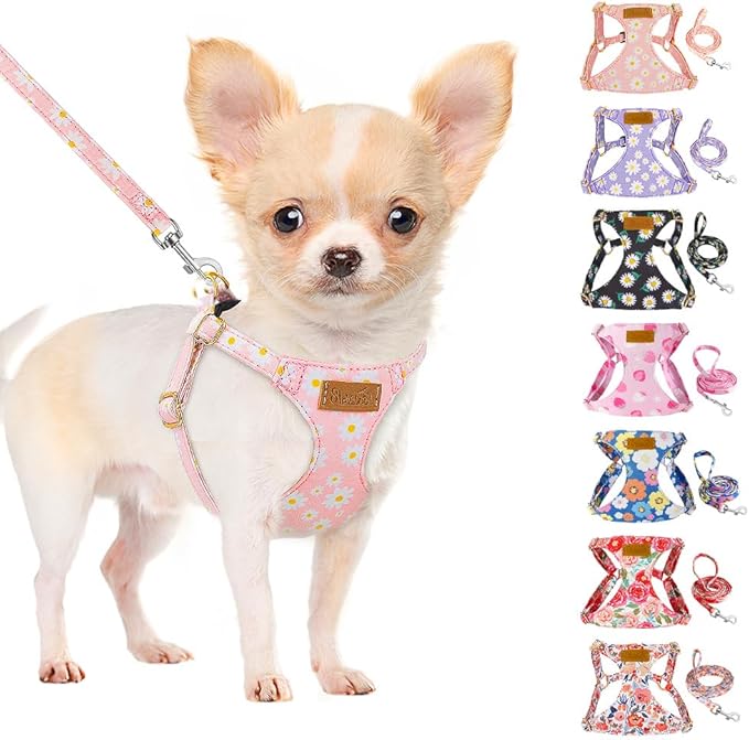 SlowTon No Pull Dog Harness with Leash - Soft Lightweight Floral Pattern Puppy Harness, Adjustable Pet Harness for Small Medium Dogs (Pink Daisy S)