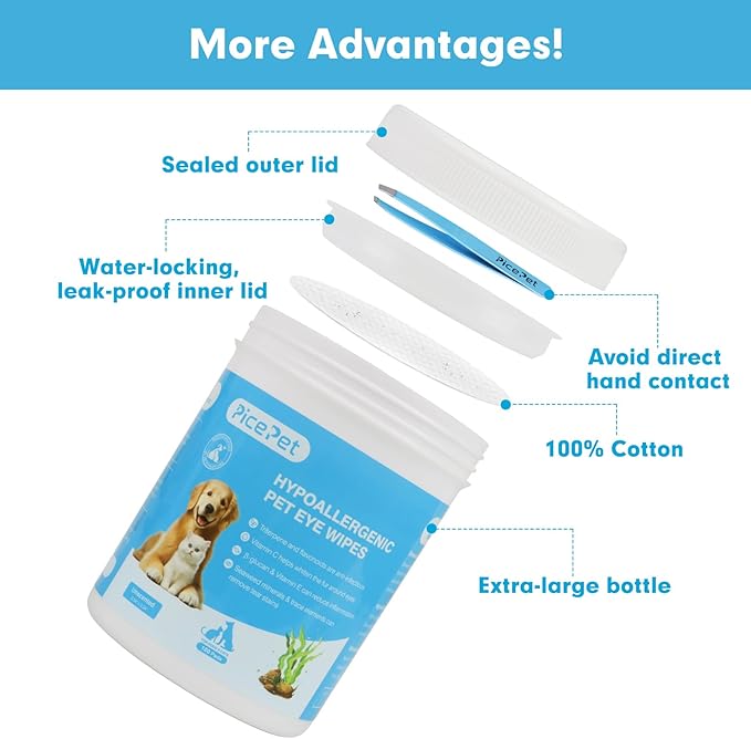 Hypoallergenic Eye Wipes for Dog & Cats, 100 Pcs Plant-Based Tear Stain Remover for Discharge, Crust, Allergies, Itching, Unscented, Double Layer, Made in PRC