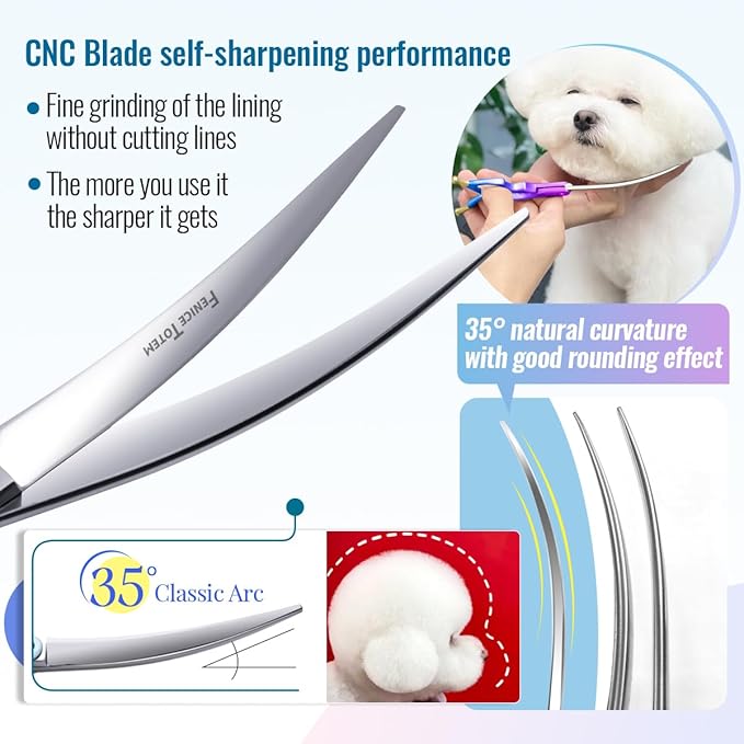 Fenice Dog Grooming Curved Scissors: 6.5" Pet Self-sharpening Split Finishing Shears for Dogs' Faces and Eyes Lightweight Ideal for Tight Spaces and Detailed Grooming Japan VG10 Alloy Steel 63HRC