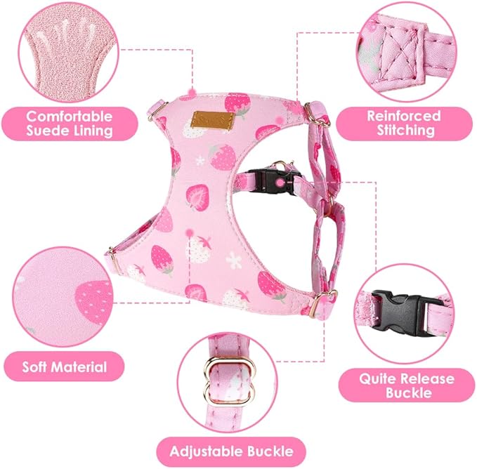 SlowTon No Pull Dog Harness with Leash - Soft Lightweight Floral Pattern Puppy Harness, Adjustable Pet Harness for Small Medium Dogs (Strawberry XS)