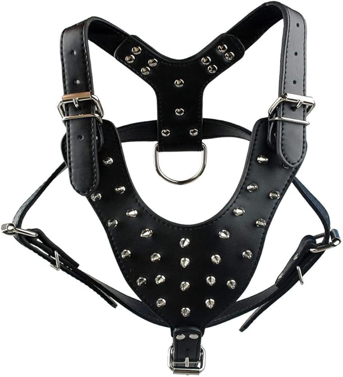 Spiked Leather Dog Harness Chest for 26"~34" Large Dogs Pitbull Mastiff Boxer Bully Black/Pink/Red/Gold Brown/Leopard/Brown (Spiked Black)