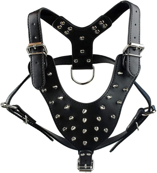 Spiked Leather Dog Harness Chest for 26"~34" Large Dogs Pitbull Mastiff Boxer Bully Black/Pink/Red/Gold Brown/Leopard/Brown (Spiked Black)