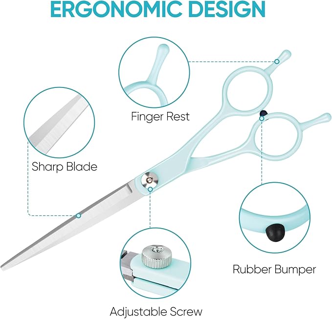 Dog Cat Grooming Scissors Kit,Pet Grooming scissors Set,Dog Scissors for Grooming,Incude Thinning,Straight,Curved Grooming Scissors and Comb for dogs, cats.
