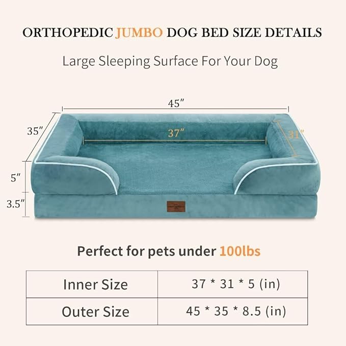 Jumbo Breed Dog Bed, Jumbo Orthopedic Dog Bed for Extra Large Dogs, Waterproof Dog Bed, PV Washable Dog Sofa Bed with Removable Cover & Non-Slip Bottom(Jumbo,Washed Blue)