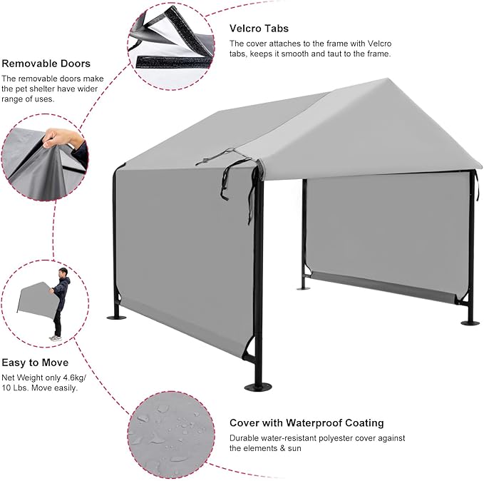 Dog Shade Shelter 2.5'x2.1'x2.1' for Small Dogs, Pet Outdoor Tent with Upgraded Doors, Outside Sun Rain Canopy Pet House for Dogs, Cats, Small Animals and Livestock, Grey