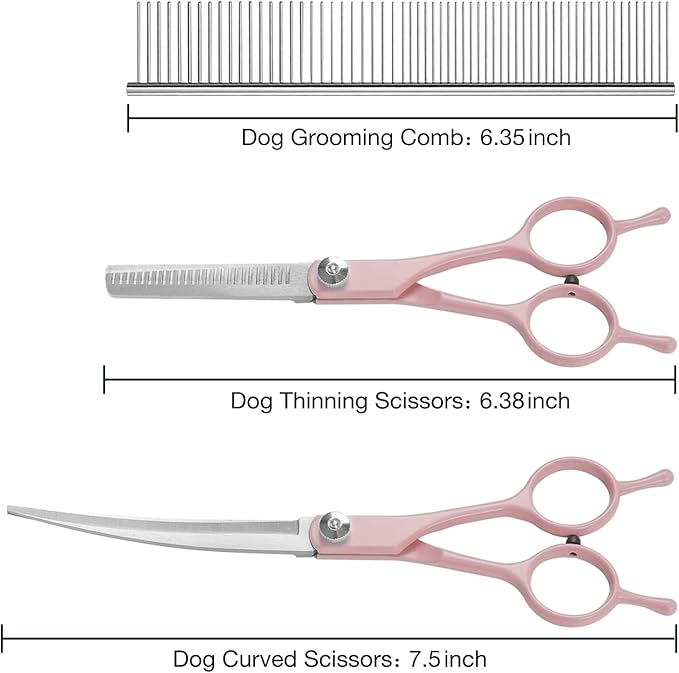 Professional Dog Grooming Scissors Set, 4 in 1 Dog Grooming Scissors Kit, Curved Dog Scissors Pet Thinning Shears, Pink