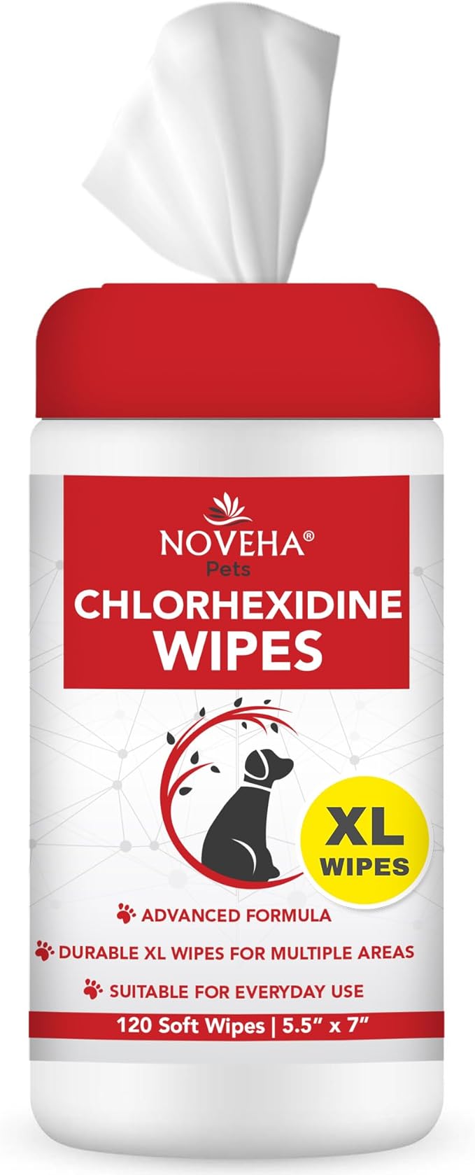 NOVEHA XL Cleansing Wipes with Aloe for Cats and Dogs - Formulated Pet Wipes for Facial, Finger Folds, and Underarms - Extra Large Size (5.5" x 7") - 120 Count
