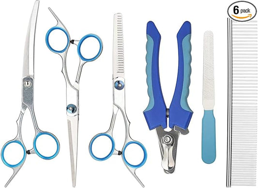 6-piece set of pet grooming scissors and nail clippers - professional dog and cat nail clipper set, equipped with grooming scissors and nail clippers - suitable for pet dogs and cats