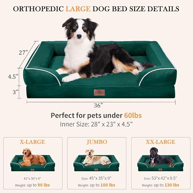 Orthopedic Large Dog Beds, Waterproof Dog Beds for Large Dogs, Comfy Washable Pet Bed Sofa with Removable Cover & Non-Slip Bottom(Large,Emerald)