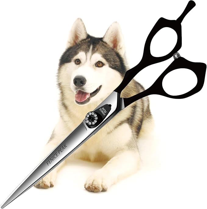 Fenice Peak 7'' Dog Straight Scissors for Grooming Heavy and Anti-Slip Black Handler 440C Stainless Steel Professional Pet Trimming Scissors Sharp Blades Cutting for Dogs and Cats