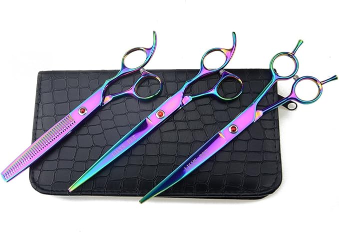 LILYS PET Professional PET Grooming Scissors Kit,Coated Titanium,Sharp and Strong Stainless Steel Blade for Dogs Cats Hair Cutting,3 Pieces of Scissors with a Comb and a Case (7.5 inches, Rainbow)