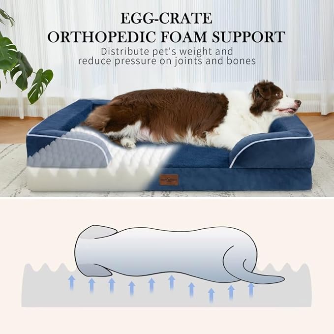 Large Dog Beds, Waterproof Dog Beds Orthopedic Foam, Large Dogs Sofa Comfy Pet Bed with Washable Removable Cover & Non-Slip Bottom(Large,Navy Blue)