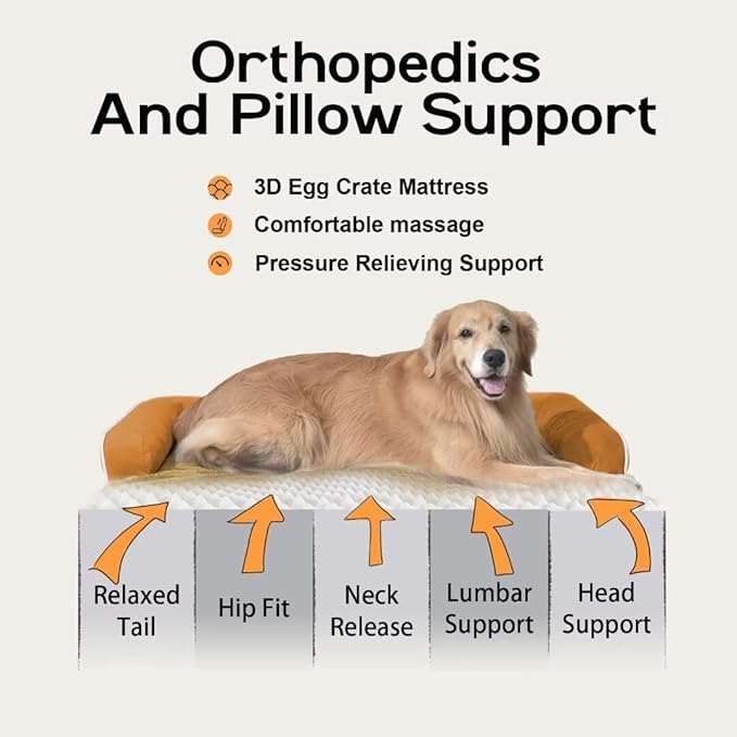 Large Dog Bed Orthopedic Washable, Orthopedic Dog Beds for Large Dogs with Washable Cover, Removable Bolster and Non-Slip Bottom Orange Large Dog Beds Orthopedic, XXXLarge Extra Large Dogs