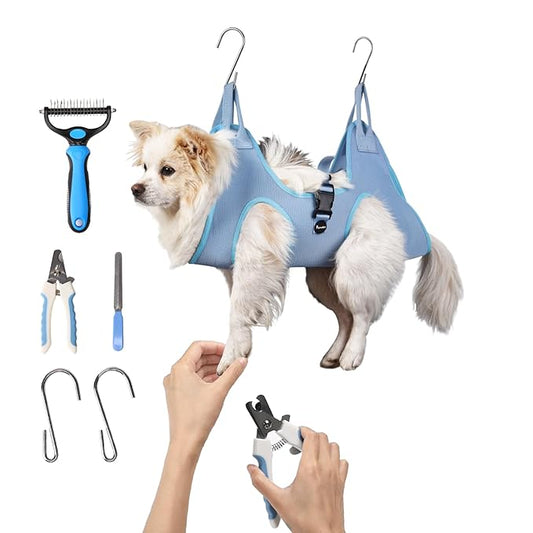 Petmolico Dog Grooming Hammock, Pet Grooming Sling Helper Dog Grooming Hammock Set - Nail Clippers/Nail Trimmers/Double-Sided Hairbrush(S,Blue)