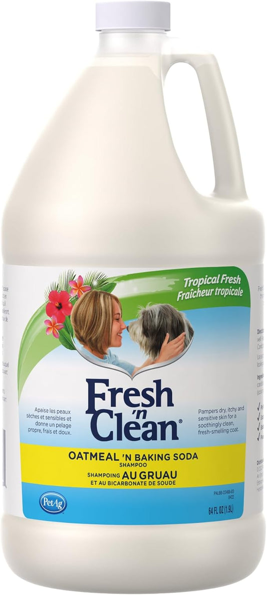 PetAg Fresh ’n Clean Oatmeal ’n Baking Soda Shampoo - Tropical Fresh Scent - 64 oz - Nurtures Dry, Itchy & Sensitive Skin with Vitamin E & Aloe - Strengthens & Repairs Coats - Soap Free