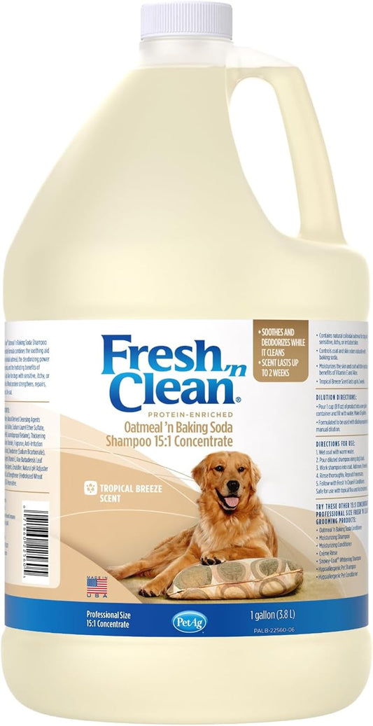 PetAg Fresh ’n Clean Oatmeal ’n Baking Soda Shampoo - Tropical Fresh Scent (15:1 Concentrate) - 1 Gallon - Nurtures Dry, Itchy Skin with Vitamin E & Aloe - Strengthens & Repairs - Soap Free