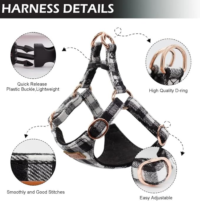 Small Dog Harness and Leash Set, Plaid Puppy Dog Harness XXS, Soft Adjustable Harness for Extra Small-Medium Pet Dogs and Cat No Pull, Black Plaid, Medium
