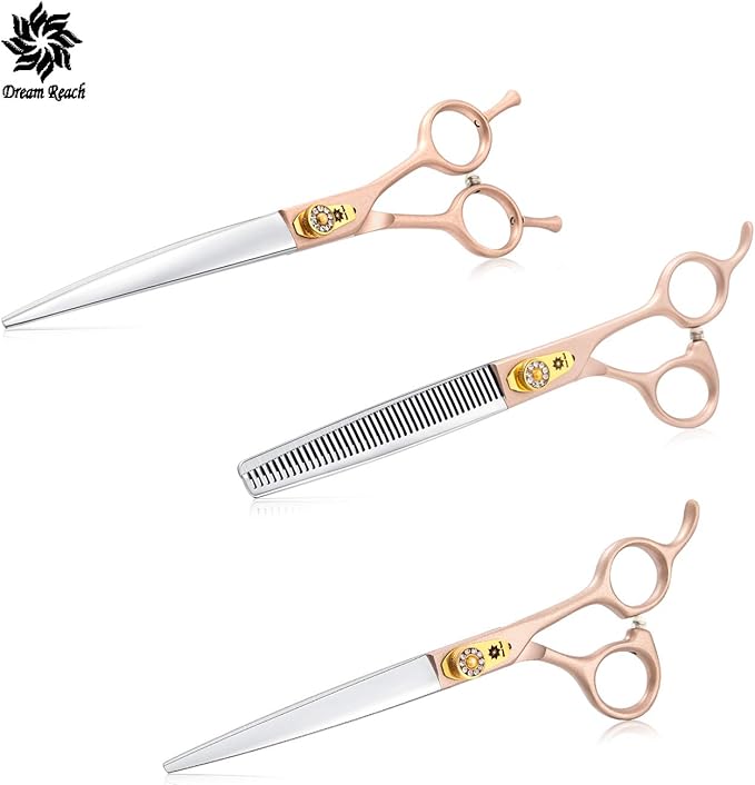 7 Inches Professional Pet Grooming Scissor, 440C Japanese Steel Straight & Curved & Thinning & Chunker Shears/Scissors for Dog Cat and More Pets (7 inch-Grooming Scissors Set)