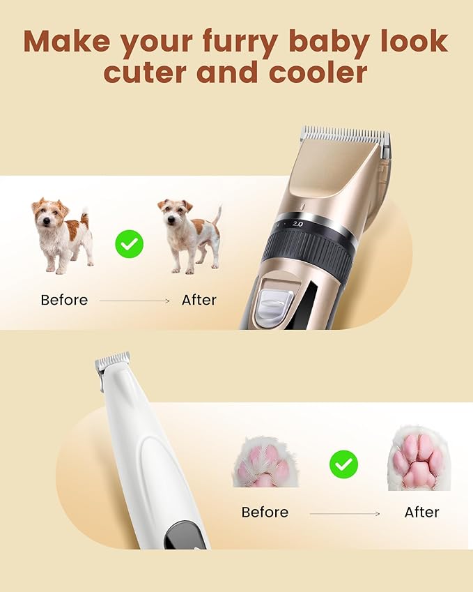 2 in 1 Dog Grooming Kit, Low Noise Rechargeable Dog Clippers for Grooming, Cordless Dog Grooming Clippers and Dog Paw Trimmer, Dog Shavers for Grooming Small Dogs Cats Animals