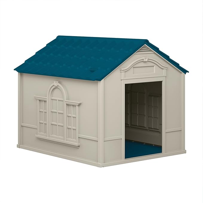 Suncast Deluxe Dog House for Dogs up to 100 Pounds with Removable Roof, Vents, Crowned Channeled Floor, and Personalization Labels, Taupe/Blue