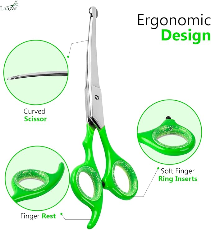 Rounded dog grooming scissors Professional - Sharp Stainless Steel Blades with Colorful Handles, Safe - Easy, Long Lasting grooming scissors for dogs at home (Curved Scissors)