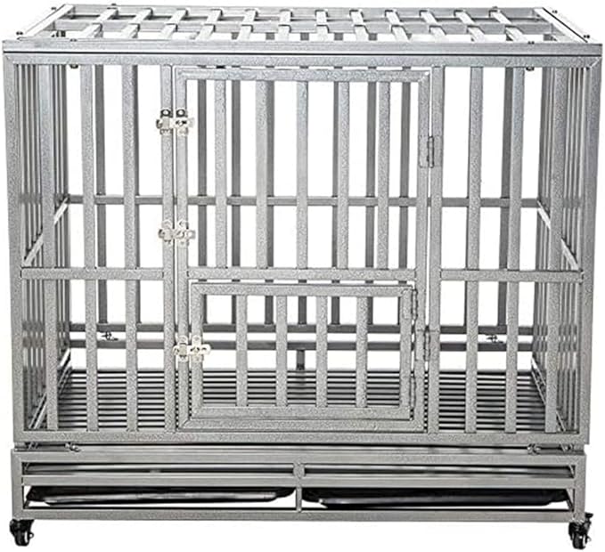 LUCKUP 42" Heavy Duty Dog Cage Metal Kennel and Crate for Medium and Large Dogs Pet Playpen with Four Lockable Casters Indoor Silver