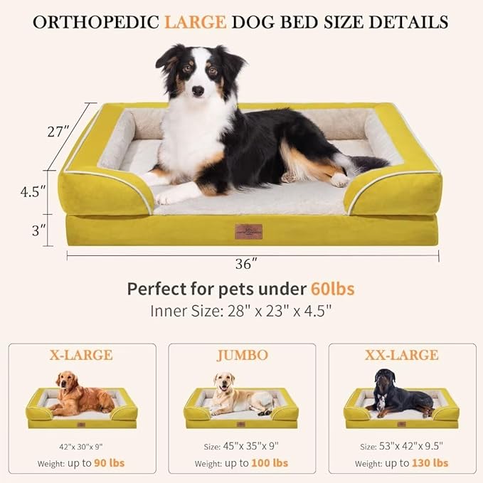 Waterproof Dog Beds Large Sized Dogs, Large Dog Beds Orthopedic Foam, Comfy Pet Bed Sofa with Washable Removable Cover & Non-Slip Bottom(Large,Spicy Mustard)