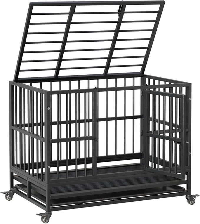 37 inch Heavy Duty Indestructible Dog Crate Steel Escape Proof,Indoor Dog House High Anxiety Cage,Kennel with Wheels,Removable Tray