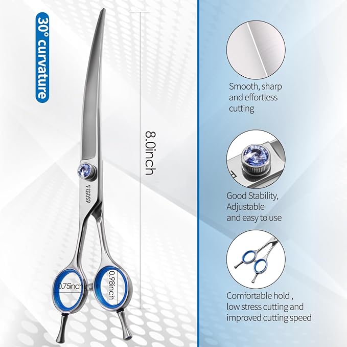 Left Handed Curved Scissors for Dog Grooming Professional 8 inch Long Downward Curved Shears Dog Grooming for Poodle Large Dog Pet 30°Japanese 440C Stainless Steel (8.0 curved)