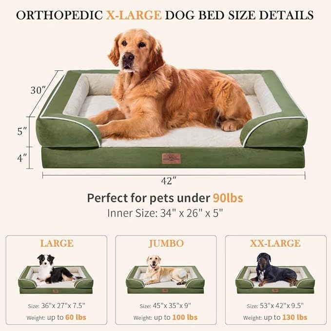 Orthopedic Dog Beds Extra Large, XL Dog Bed, Waterproof Dog Bed with Bolster, Washable Dog Bed Sofa with Removable Cover & Non-Slip Bottom(X-Large,Light Green)